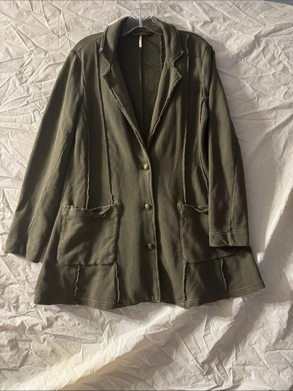 Free People Olive Green Long Distressed Blazer Jacket